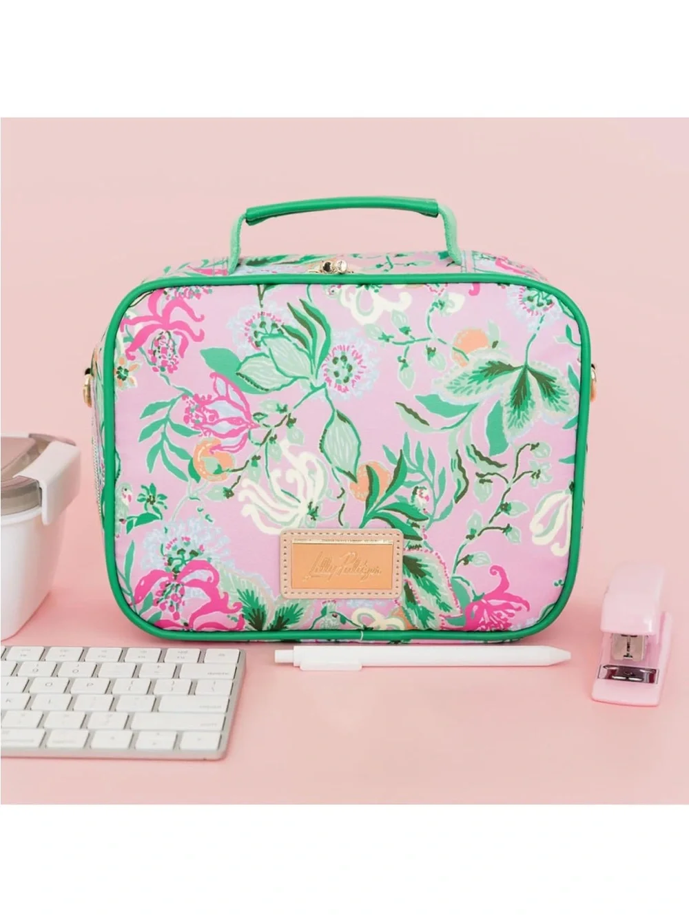 New Lilly Pulitzer Pink Floral Crossbody Bag Lunch Box with Green Striped Strap